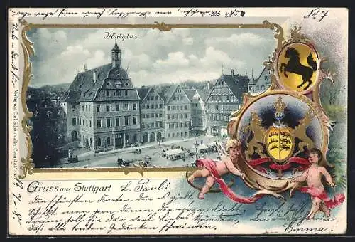 Passepartout-Lithographie Stuttgart, Marktplatz mit Rathaus, Wappen