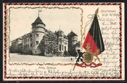Passepartout-Lithographie Stuttgart, Strassenpartie am alten Schloss, Wappen