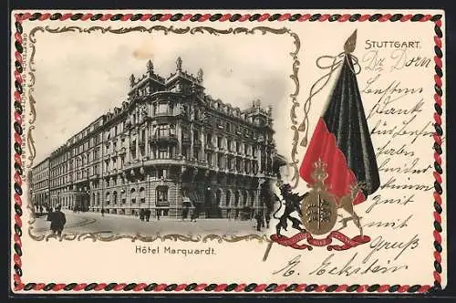 Passepartout-Lithographie Stuttgart, Das Hotel Marquardt, Passepartout mit württembergischem Wappen und Fahne