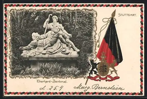 AK Stuttgart, das Eberhard-Denkmal, das Wappen