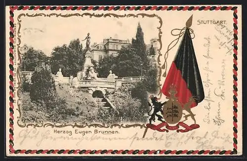 AK Stuttgart, Herzog Eugen Brunnen, Wappen und Flagge, Neujahrsgruss