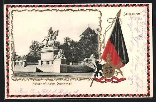 Passepartout-Lithographie Stuttgart, Kaiser Wilhelm Denkmal mit geprägtem Wappen