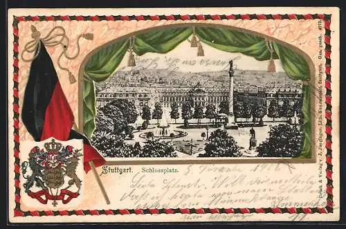 Passepartout-Lithographie Stuttgart, Brunnen und Denkmal am Schlossplatz, Wappen