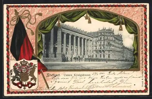 Passepartout-Lithographie Stuttgart, Untere Königstrasse, Passepartout mit württembergischem Wappen und Fahne