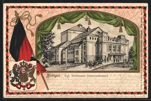 Passepartout-Lithographie Stuttgart, Kgl. Hoftheater (Interimtheater), Passepartout mit württemberg. Wappen und Fahne