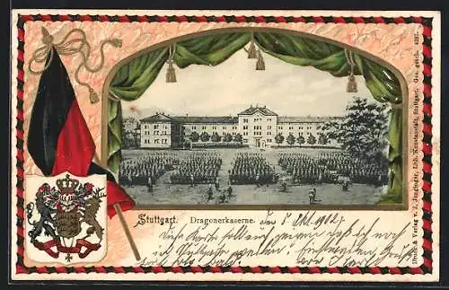 Passepartout-Lithographie Stuttgart, Dragonerkaserne, Wappen, Fahne