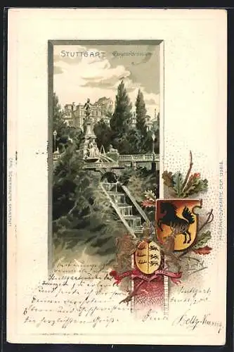 Passepartout-Lithographie Stuttgart, Eugensbrunnen, Wappen mit Pferd