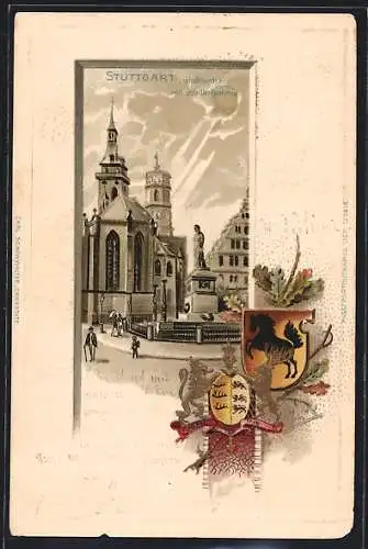 Passepartout-Lithographie Stuttgart, Stadtkirche mit Schillerdenkmal