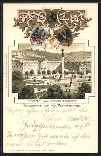 Passepartout-Lithographie Stuttgart, Schlossplatz und Königliches Residenzschloss, Wappen