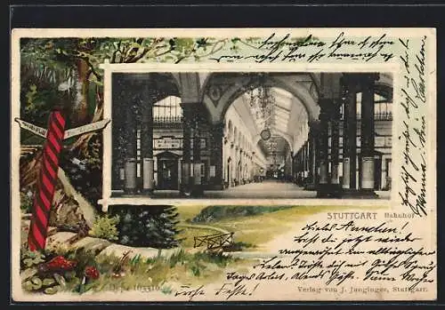 Passepartout-Lithographie Stuttgart, Bahnhof, Innenansicht, Wegweiser