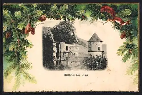 Passepartout-Lithographie Hirsau, Die Ulme, Eichhörnchen