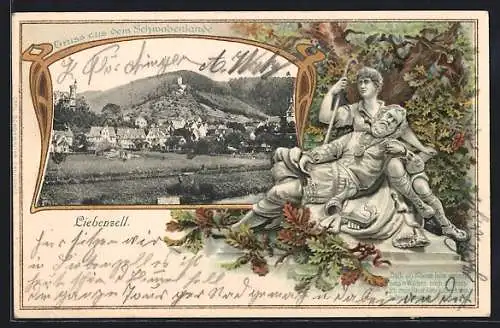 Passepartout-Lithographie Liebenzell, Blick nach dem Ort