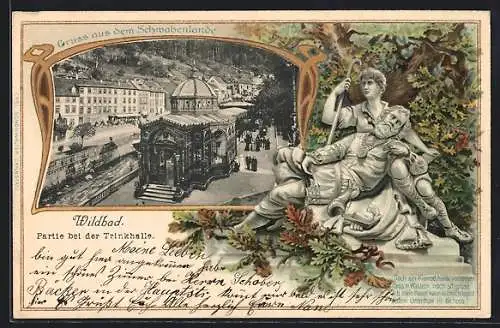 Passepartout-Lithographie Wildbad, Partie bei der Trinkhalle