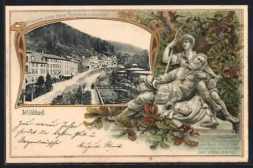 Passepartout-Lithographie Wildbad / Schwarzwald, Strassenpartie am Fluss, Statue und Eichenlaub