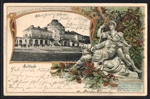 Passepartout-Lithographie Stuttgart, Blick auf Schloss Solitude