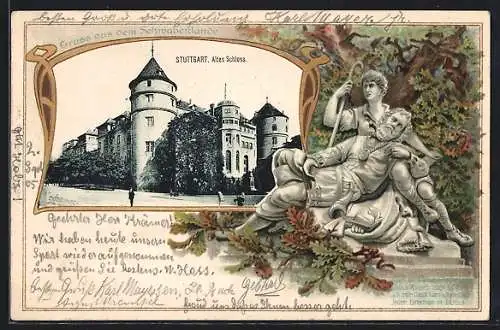 Passepartout-Lithographie Stuttgart, Altes Schloss mit Eberhard-Denkmal