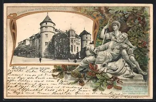 Passepartout-Lithographie Stuttgart, Altes Schloss mit Eberhard-Denkmal