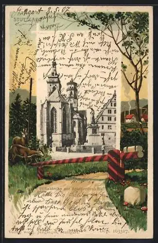 Passepartout-Lithographie Stuttgart, Stiftskirche mit Schillerdenkmal, Schlagbaum und Rehe