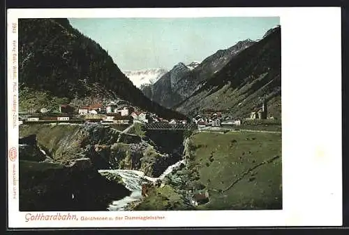 AK Göschenen, Gotthardbahn, Ortschaft von oben aus gesehen, um 1900