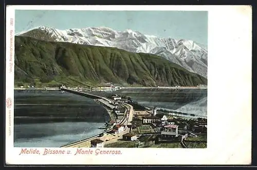 AK Melide, Ortsansicht mit Blick auf den Monte Generoso