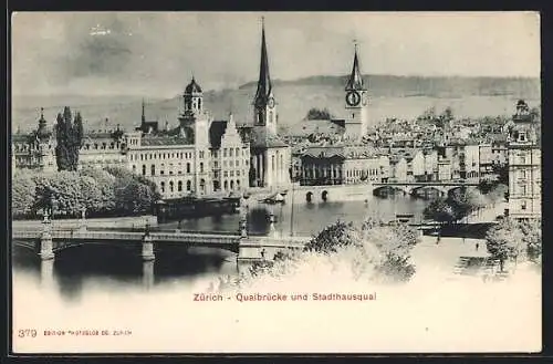 AK Zürich, Quaibrücke und Stadthausquai