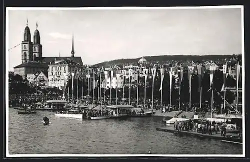 AK Zürich, Menschenmengen am zum Fest geschmückten Hafen
