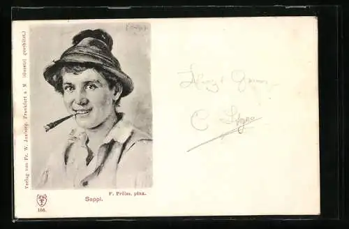 Künstler-AK sign. F. Prölls: Seppl, Junger Mann mit traditionellem Hut und Zigarre