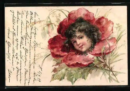 Lithographie Kopf eines Kindes in roter Blumenblüte, Metamorphose
