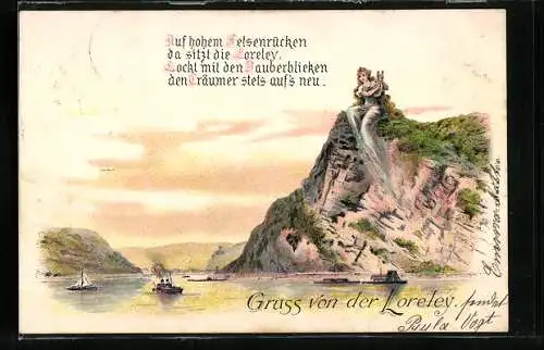 Lithographie Loreley mit Instrument blickt auf den Rhein