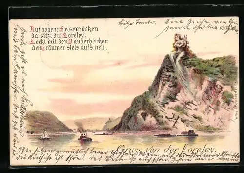 Lithographie Loreley bei Abendstimmung