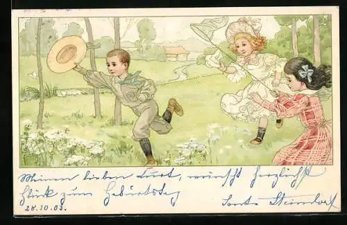 Künstler-AK Theo Stroefer Serie 312 Nr. 3: Ein Junge und zwei Mädchen rennen über die Blumenwiese