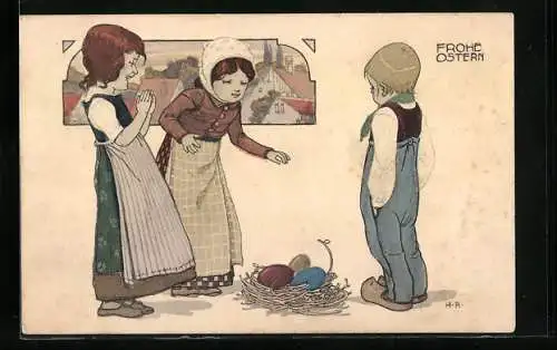 Künstler-AK Theo Stroefer Serie 559 Nr. 5: Zwei Mädchen machen sich über das Osternest des Jungen lustig