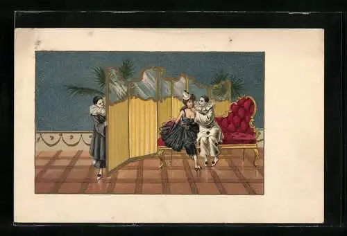 AK Harlekin beobachtet Pierrot mit einer Frau