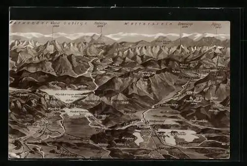 AK Ohlstadt, Reliefkarte vom Karwendel-Gebirge mit Ortschaften der Umgebung