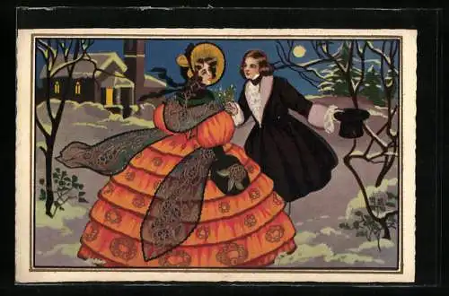 Künstler-AK Junges Paar im Schnee, sie im weiten Kleid, Art Deco