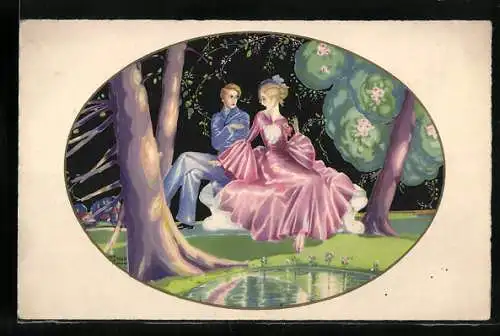 AK Verliebtes Paar sitzt unter einem Baum, Art Deco