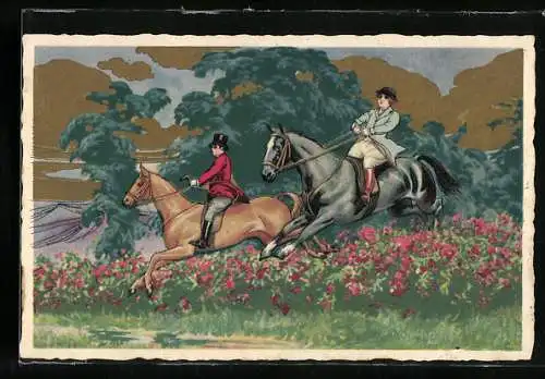 Künstler-AK Zwei Reiter springen auf ihren Pferden über eine Hecke, Art Deco