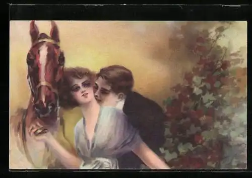 AK Liebespaar mit einem Pferd und Blumen