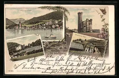 Lithographie St. Wolfgang, Leuchtturm, Hüttenstein, Schafberg-Alpe