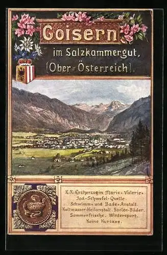 AK Goisern im Salzkammergut, Ortspanorama, Siegel der Erzherzogin Marie-Valerie-Schwefel-Quelle