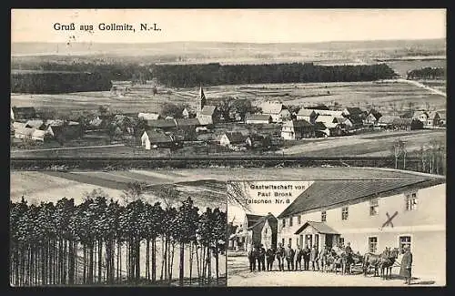 AK Gollmitz / N.L., Gasthaus von Paul Bronk, Ortsansicht mit Kirche