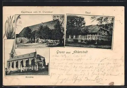 AK Ahlerstedt, Gasthaus von H. Duncker, Kirche, Saal