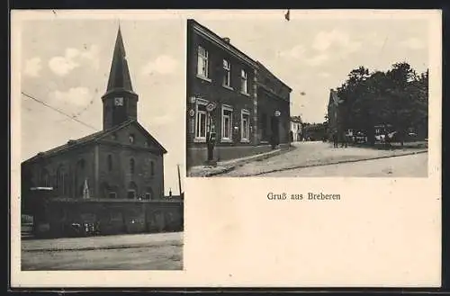 AK Breberen, Strassenpartie mit Zapfsäule, Kirche