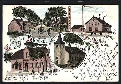 Lithographie Brockel, Hauptstrasse, Molkerei, Geschäftshaus Stockstrom u. Postagentur