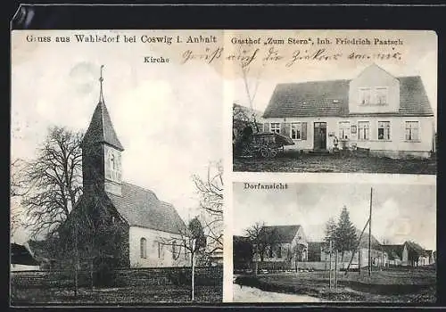 AK Wahlsdorf bei Coswig, Gasthof zum Stern, Kirche, Dorfansicht
