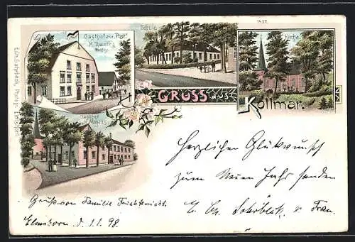 Lithographie Kollmar, Gasthof zur Post, Gasthof v. H. Magens, Kirche