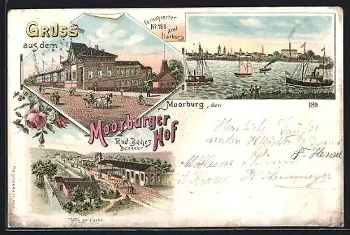 Lithographie Hamburg-Harburg, Gasthaus Moorburger Hof, Weg zur Haake