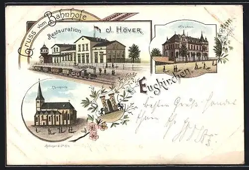 Lithographie Euskirchen, Restaurant J. Höver, Pfarrkirche, Kreishaus