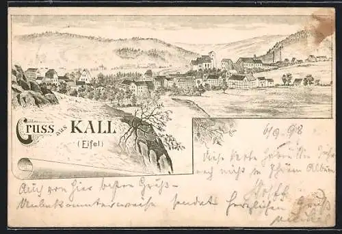 Lithographie Kall /Eifel, Totalansicht aus der Vogelschau