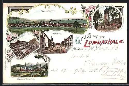 Lithographie Allendorf / Lumda, Londofer Strasse, Alter Festungsturm, Marktplatz